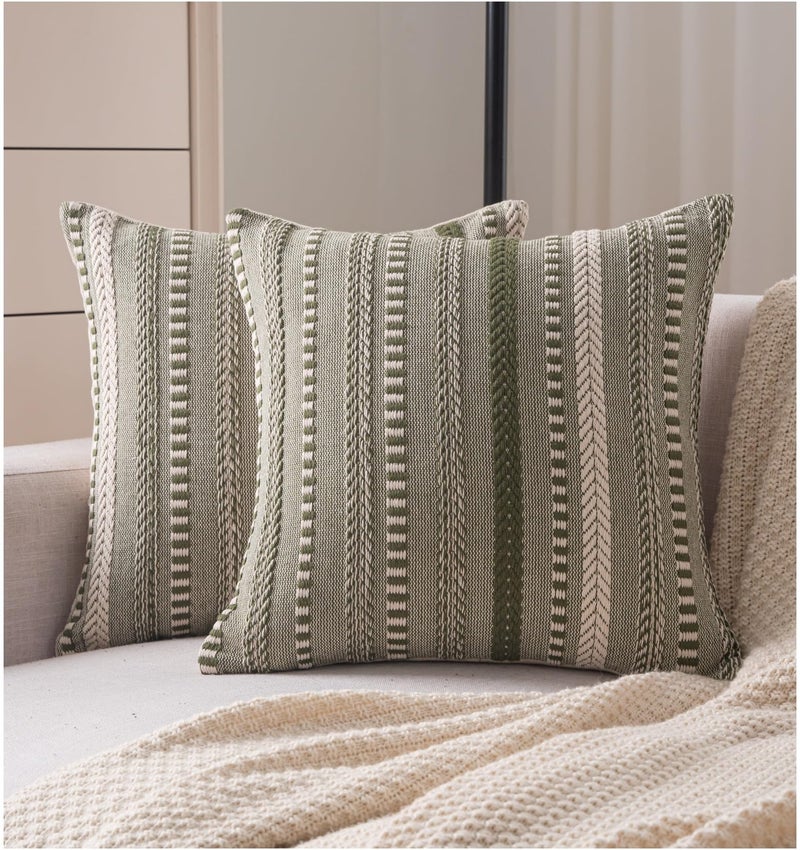 Cethom Boho Throw Pillow Covers 18x18 Inch Set of 2, Farmhouse Decorative Couch Pillow Cases, Green Accent Pillows of Bed, Sofa Bedroom Living Room Home Decor Cushion Cover - Image 1