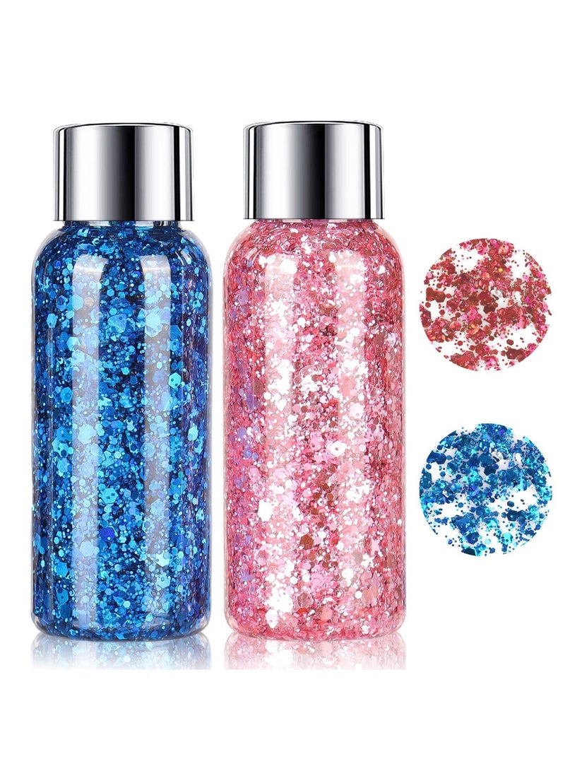 SYOSI جل لامع للجسم، ٢ قطع من اللامعة، لامع سائل ظل عيون بتأثير طويل الأمد، لامع متلألئ، لامع كبير لحفل الشعر والمكياج والمهرجان والحفلات (أزرق + وردي) - Image 1