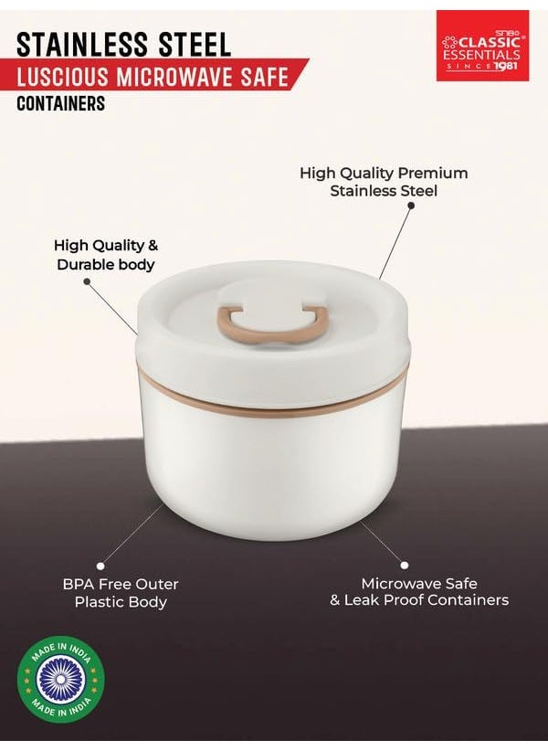 Classic Essentials CLASSIC ESSENTIALS Luscious Microwave Safe Double Wall Insulated Lunch Box, Airtight & Leak Proof, Inside Steel Containers with BPA Free Lids - White (600 ml)  - Image 3