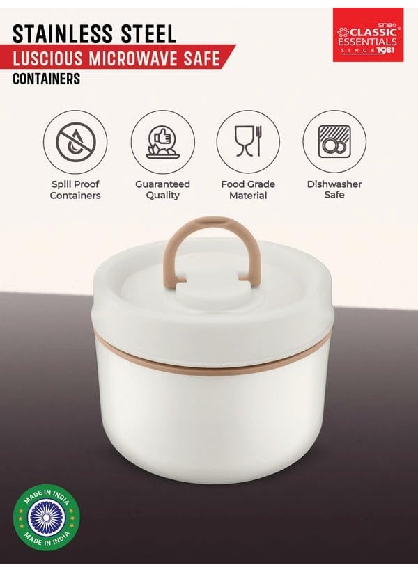 Classic Essentials CLASSIC ESSENTIALS Luscious Microwave Safe Double Wall Insulated Lunch Box, Airtight & Leak Proof, Inside Steel Containers with BPA Free Lids - White (600 ml)  - Image 2