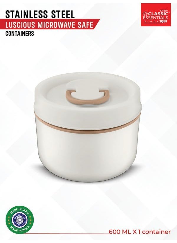 Classic Essentials CLASSIC ESSENTIALS Luscious Microwave Safe Double Wall Insulated Lunch Box, Airtight & Leak Proof, Inside Steel Containers with BPA Free Lids - White (600 ml)  - Image 5