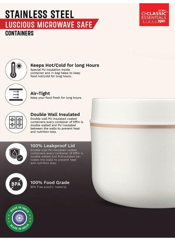 Classic Essentials CLASSIC ESSENTIALS Luscious Microwave Safe Double Wall Insulated Lunch Box, Airtight & Leak Proof, Inside Steel Containers with BPA Free Lids - White (600 ml)  - Image 4