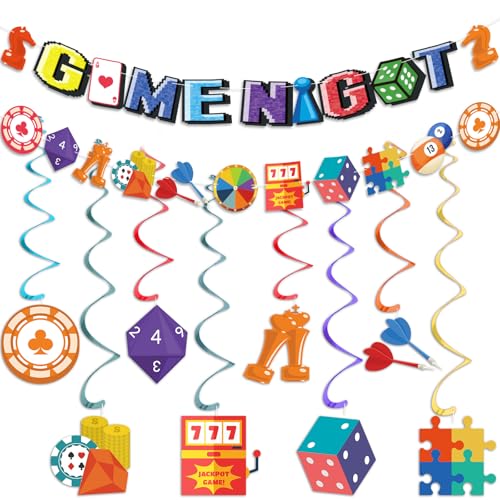 Innovoscape Game Night Party Decorations Family Game Night Banner Games on Birthday Party Banner Hanging Swirls Ceiling Streamers for Kids Adult Video Chess Card Games Party Supplies Decor - Image 1