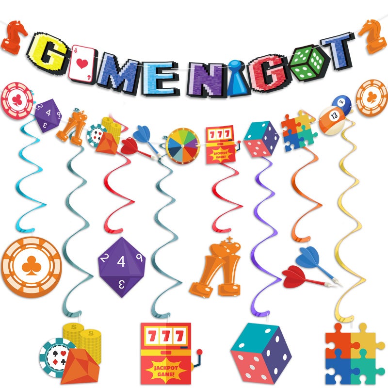 Innovoscape Game Night Party Decorations Family Game Night Banner Games on Birthday Party Banner Hanging Swirls Ceiling Streamers for Kids Adult Video Chess Card Games Party Supplies Decor - Image 2