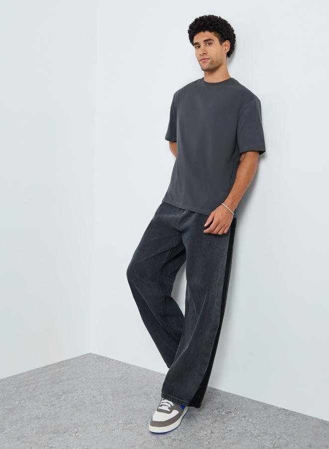Styli Men Grey Oversized T-Shirt with Galaxy Print Back - Image 2