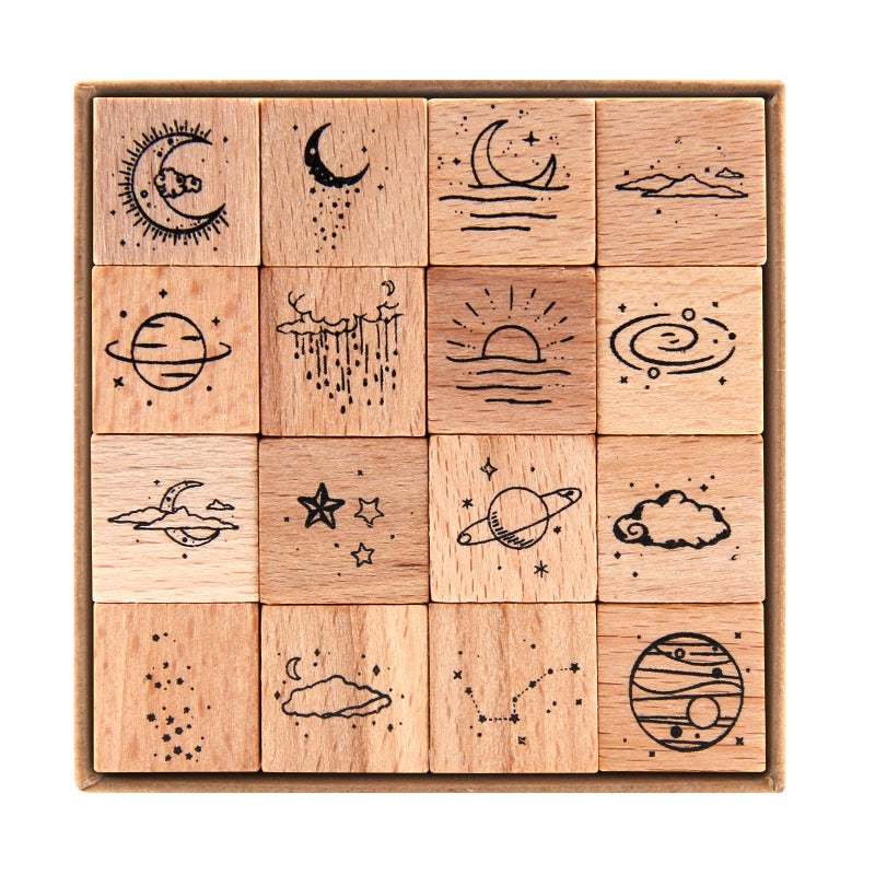 RISYPISY 16PCS Moon Wood Rubber Stamps Vintage Decorative Wooden Stamp for Crafts Scrapbooks Journals