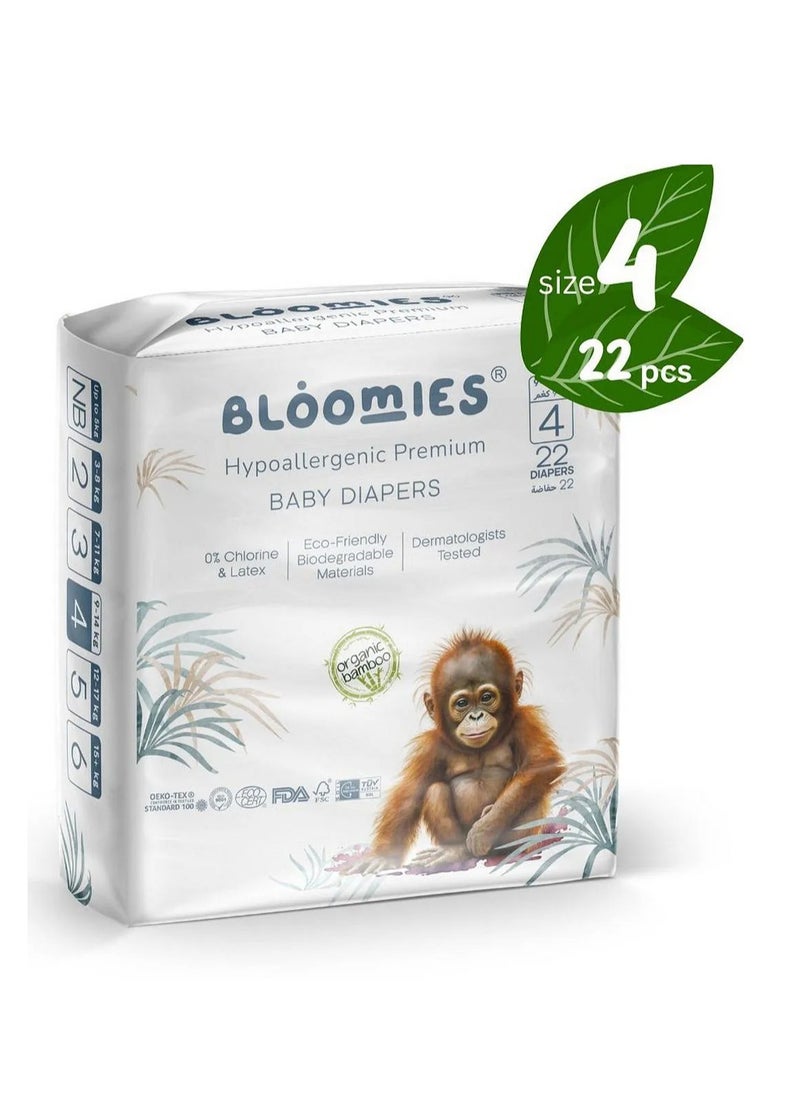 Bloomies Bloomies Organic Bamboo Premium Tape Style Baby Diapers, Hypoallergenic, 3D Leak Protection, Wetness Indicator, Super Soft, Size 4 - 22 Pieces 