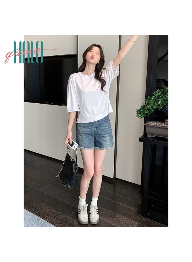 HALOQUEEN Halo Queen Women's Short Sleeve T-shirt White Round Neck Adjustable Waist Split Hem H52t046 - Image 3