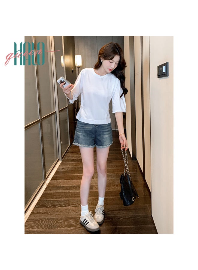 HALOQUEEN Halo Queen Women's Short Sleeve T-shirt White Round Neck Adjustable Waist Split Hem H52t046 - Image 2