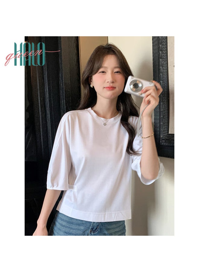 HALOQUEEN Halo Queen Women's Short Sleeve T-shirt White Round Neck Adjustable Waist Split Hem H52t046 - Image 4
