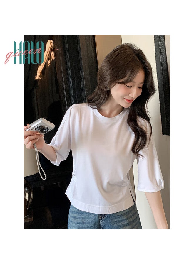 HALOQUEEN Halo Queen Women's Short Sleeve T-shirt White Round Neck Adjustable Waist Split Hem H52t046 - Image 1