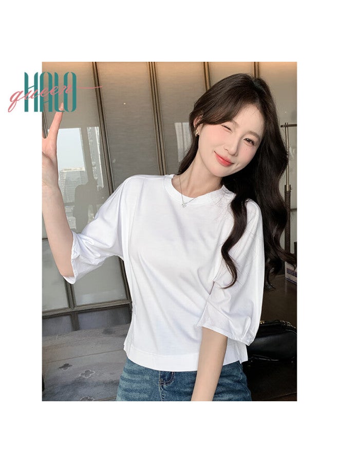 HALOQUEEN Halo Queen Women's Short Sleeve T-shirt White Round Neck Adjustable Waist Split Hem H52t046 - Image 5