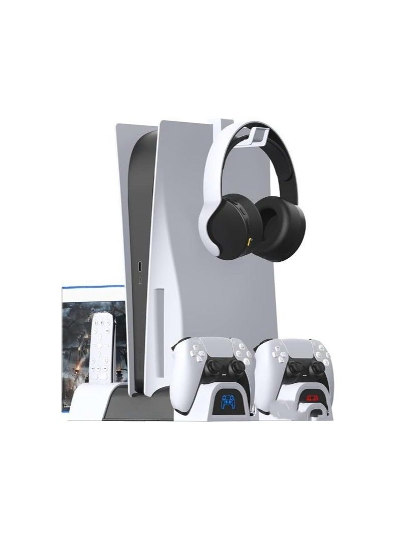 Vertical Stand with Cooling Fan, Dual Controller Charging Dock, Game Storage, Remote & Headset Holder – All-in-One Console Organizer
