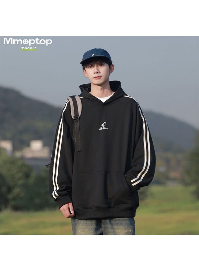 Mmoptop American-style High Street Hooded Sweatshirt For Men, Spring And Autumn Style, Winter Hong Kong Fashion Casual Top W61 Black L - Image 1