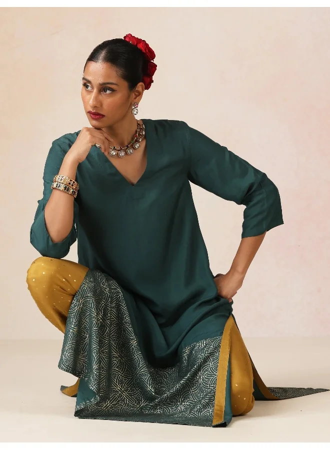 ترو برونز trueBrowns Dark Green Gold Foil Print Muslin Silk Kurta Set