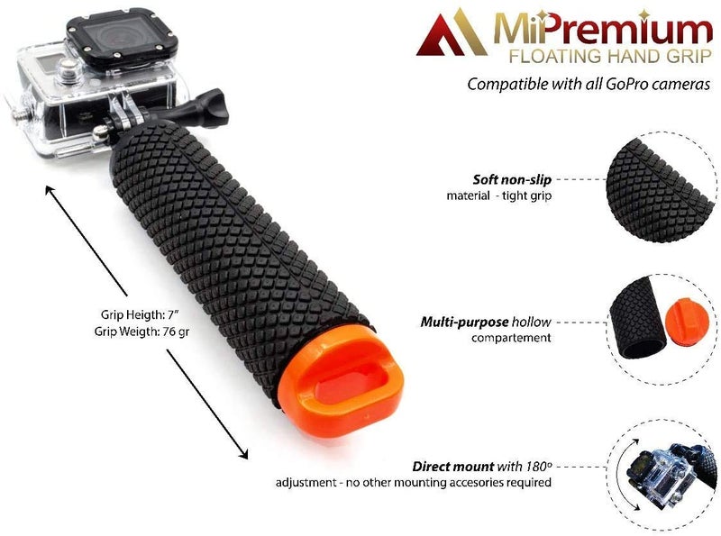 MiPremium Waterproof Floating Hand Grip compatible with GoPro Hero 12 11 10 9 8 7 6 5 4 3 3+ 2 1 Session Black Silver Camera Handler & Handle Mount Accessories Kit for Water Sport and Action Cameras (Orange) - Image 4