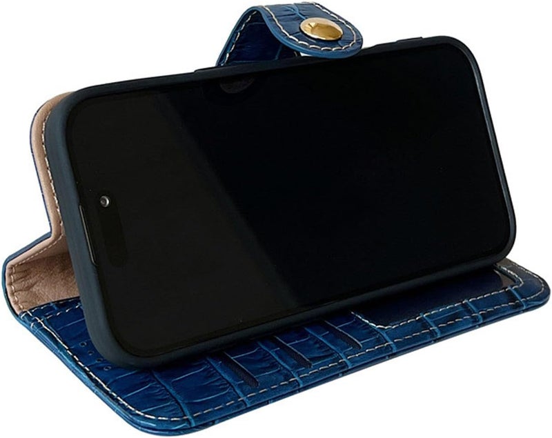 Wallet Case for iPhone 16 Pro Max/16 Plus/16 Pro/16,All-inclusive Protection Crocodile Pattern Genuine Leather Flip Case with Card Holder Stand Function Protective Phone Cover (for16Plus,Blue) - Image 3