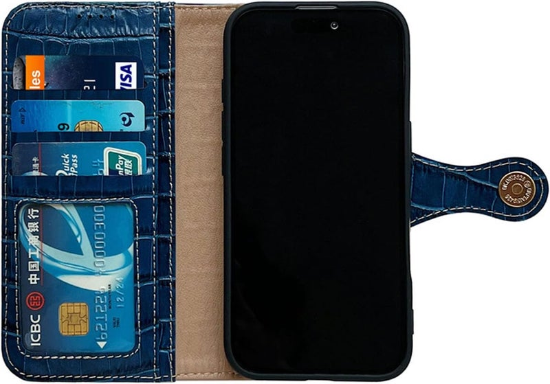 Wallet Case for iPhone 16 Pro Max/16 Plus/16 Pro/16,All-inclusive Protection Crocodile Pattern Genuine Leather Flip Case with Card Holder Stand Function Protective Phone Cover (for16Plus,Blue) - Image 2