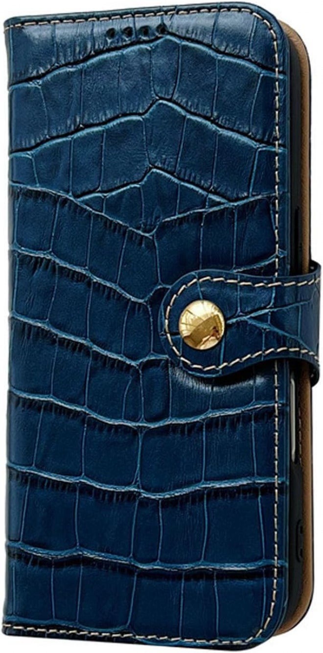 Wallet Case for iPhone 16 Pro Max/16 Plus/16 Pro/16,All-inclusive Protection Crocodile Pattern Genuine Leather Flip Case with Card Holder Stand Function Protective Phone Cover (for16Plus,Blue) - Image 1