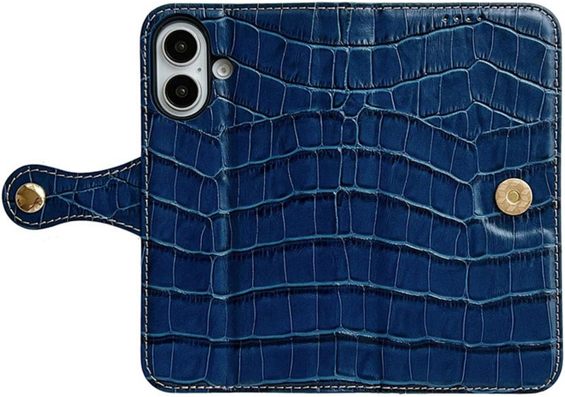 Wallet Case for iPhone 16 Pro Max/16 Plus/16 Pro/16,All-inclusive Protection Crocodile Pattern Genuine Leather Flip Case with Card Holder Stand Function Protective Phone Cover (for16Plus,Blue) - Image 4