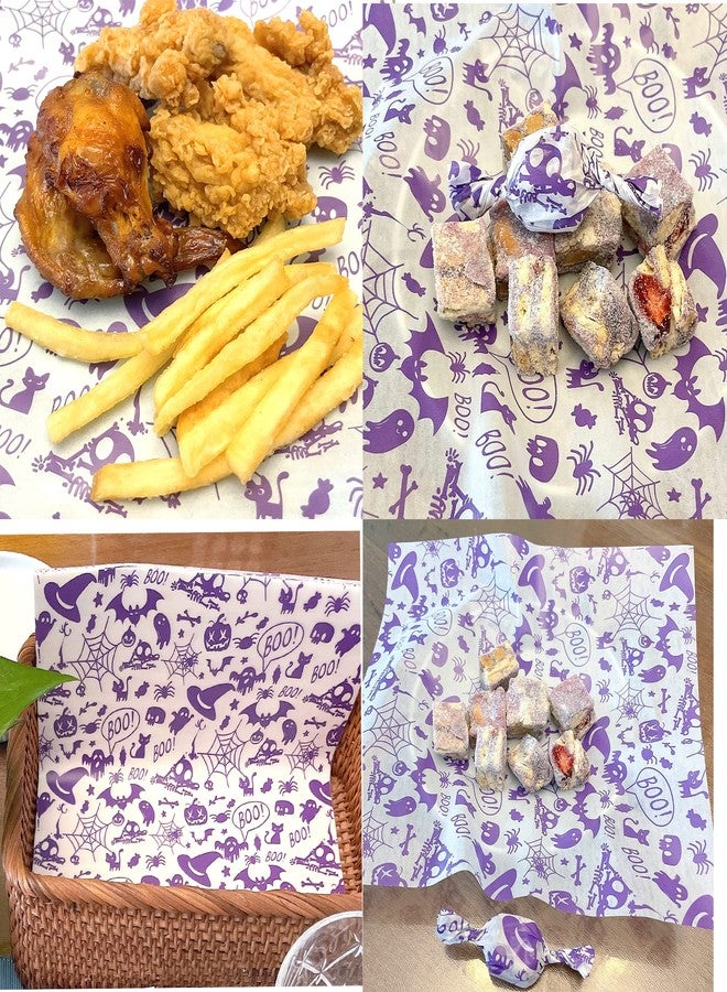 Suiwen 100pcs Halloween Wax Paper Sheet, Food Picnic Printed with Ghost, Spider, Pumpkin and Spiderweb, Greaseproof, Waterproof Dry Hamburger Liners Wrapping Tissue (Purple) - Image 4