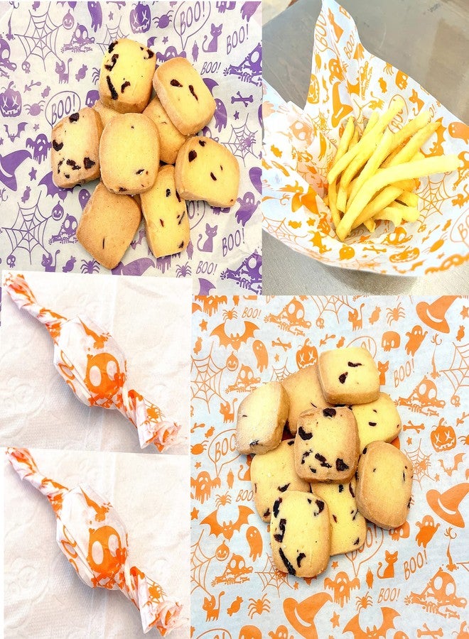 Suiwen 100pcs Halloween Wax Paper Sheet, Food Picnic Printed with Ghost, Spider, Pumpkin and Spiderweb, Greaseproof, Waterproof Dry Hamburger Liners Wrapping Tissue (Purple) - Image 5
