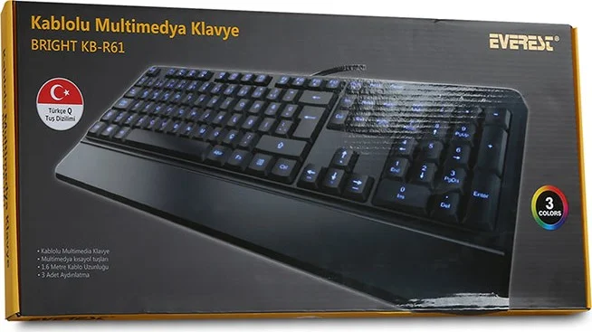 Everest KB-R61 BRIGHT Black USB 3 Color Illuminated Q Fixed Wrist Support Gaming Player Multimedia Keyboard