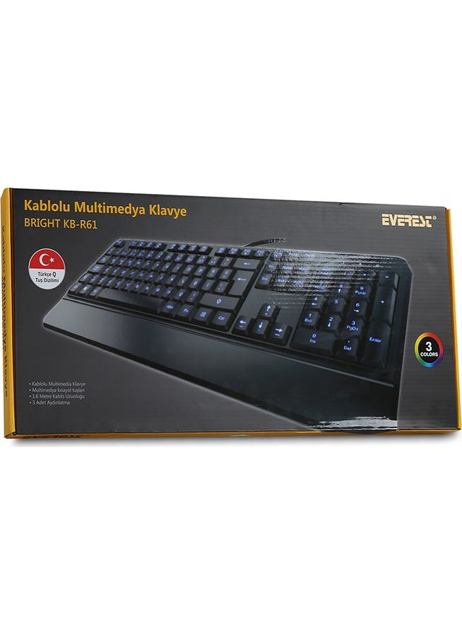 Everest - KB-R61 BRIGHT Black USB 3 Color Illuminated Q Fixed Wrist Support Gaming Player Multimedia Keyboard - Image 1