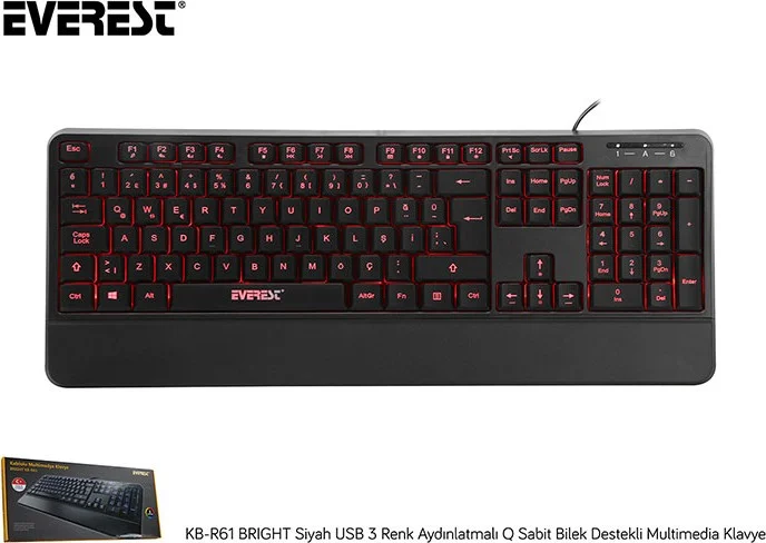 Everest KB-R61 BRIGHT Black USB 3 Color Illuminated Q Fixed Wrist Support Gaming Player Multimedia Keyboard
