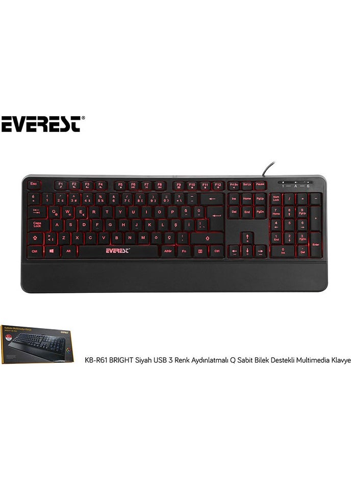 Everest KB-R61 BRIGHT Black USB 3 Color Illuminated Q Fixed Wrist Support Gaming Player Multimedia Keyboard  - Image 5