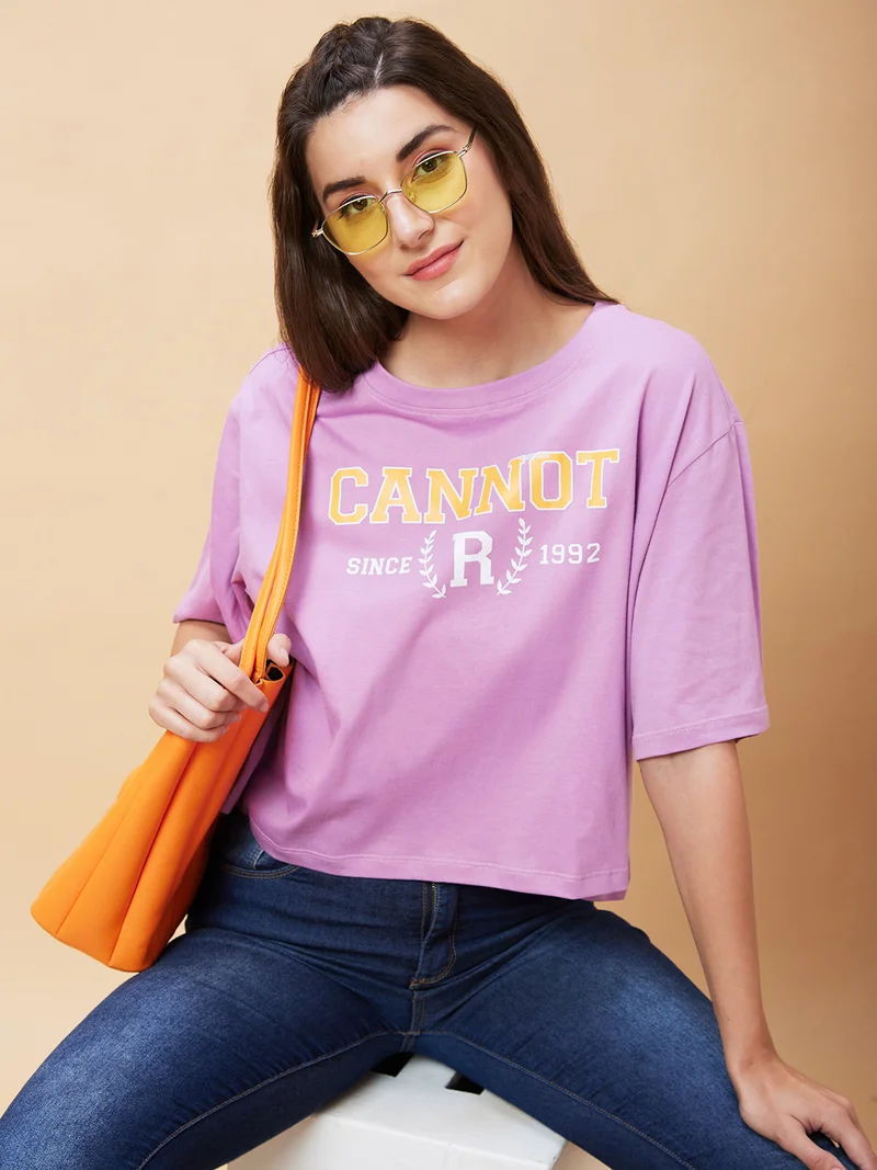 Women Typography Printed Drop-Shoulder Sleeves Pure Cotton Oversized Crop T-Shirt