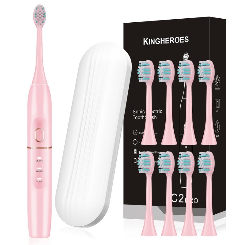 kingheroes Electric Toothbrush Set, Comes with 8 Brush Heads & Travel Case,4 Modes with 2 Minutes Built in Smart Timer, One Charge for 60 Days, 42000 VPM Motor (Pink) - Image 1