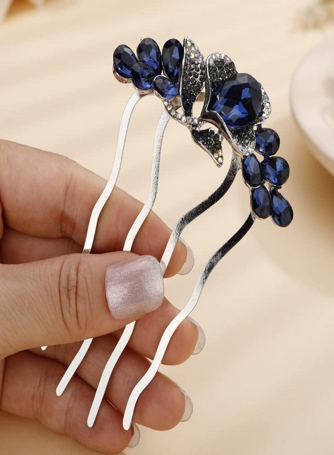 Aimimier Flower Crystal Styling Hair Combs Dainty Rhinestone Twist Combs Alloy Hair Pieces Hair Accessories for Women and Girls(Blue) - Image 2