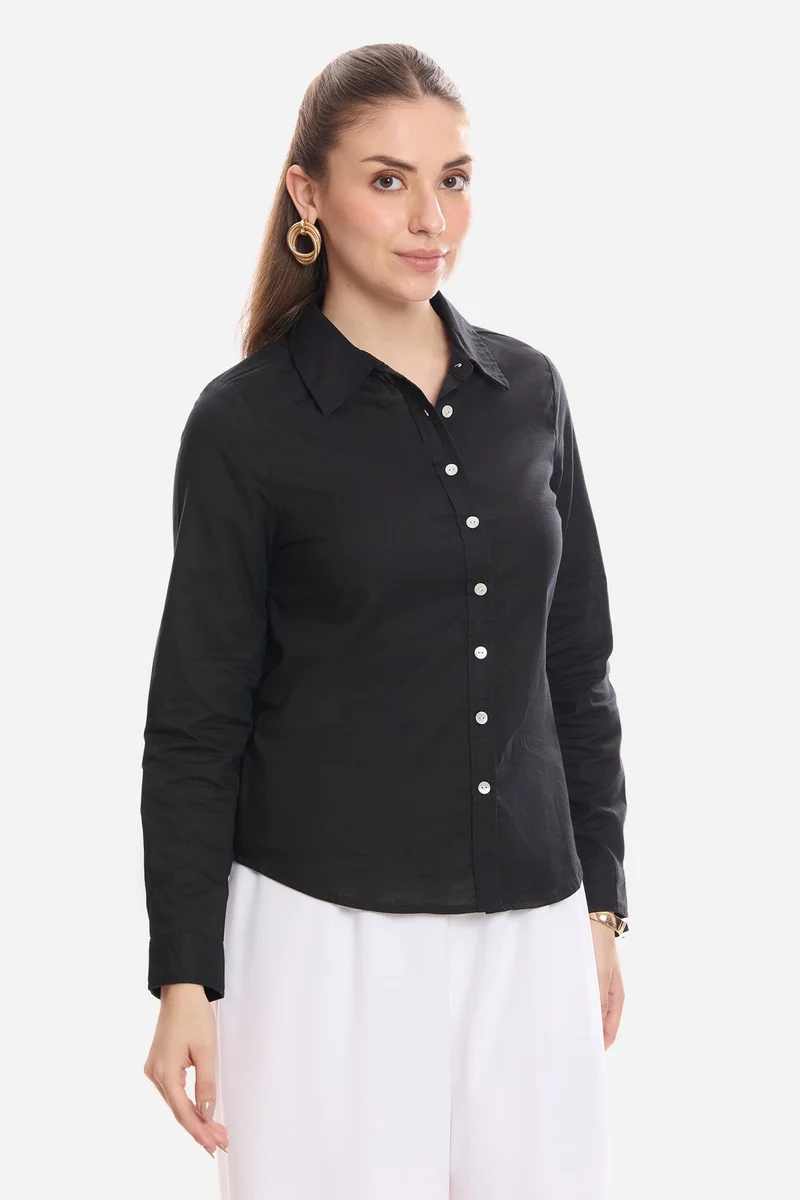 Virgio Black Solid Viscose Button Down Shirt for Women for Women | Best Price UAE