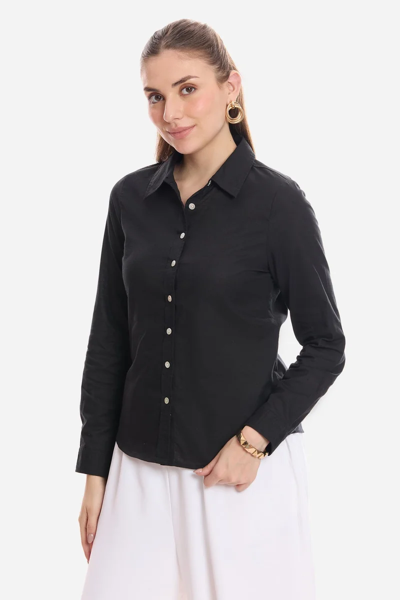 Virgio Black Solid Viscose Button Down Shirt for Women for Women | Best Price UAE