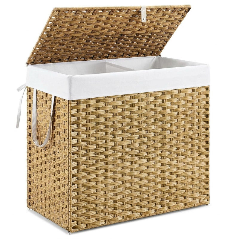 DUMOS Wicker Laundry Basket with Lid, 110L Woven Laundry Hamper with Handles, Foldable Rattan Clothes Hamper with Removable Liner & Sturdy Steel Frame, Goose Yellow - Image 1