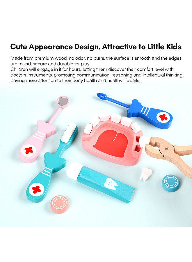 kids realistic doctor kit pretend play wooden toy set with stethoscope thermometer tooth model toothbrush toothpaste dental probe dental mirror storage bucket for toddlers boys girls - Image 2