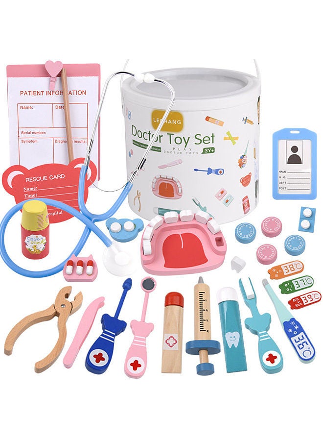 kids realistic doctor kit pretend play wooden toy set with stethoscope thermometer tooth model toothbrush toothpaste dental probe dental mirror storage bucket for toddlers boys girls - Image 1