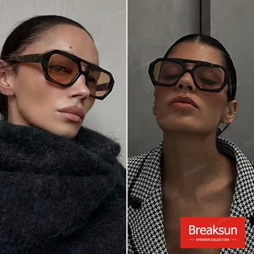 Breaksun Retro Aviator Sunglasses for Women Men Trendy 70s Hexagonal Square Double Bridge Vintage Sun Glasses (Tortoise/Light brown) - Image 3