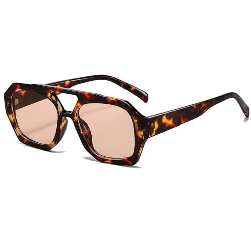 Breaksun Retro Aviator Sunglasses for Women Men Trendy 70s Hexagonal Square Double Bridge Vintage Sun Glasses (Tortoise/Light brown) - Image 1