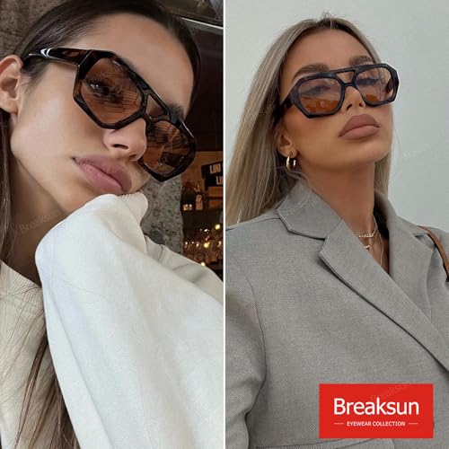 Breaksun Retro Aviator Sunglasses for Women Men Trendy 70s Hexagonal Square Double Bridge Vintage Sun Glasses (Tortoise/Light brown) - Image 2