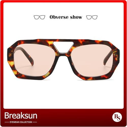 Breaksun Retro Aviator Sunglasses for Women Men Trendy 70s Hexagonal Square Double Bridge Vintage Sun Glasses (Tortoise/Light brown) - Image 4
