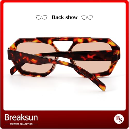Breaksun Retro Aviator Sunglasses for Women Men Trendy 70s Hexagonal Square Double Bridge Vintage Sun Glasses (Tortoise/Light brown) - Image 5