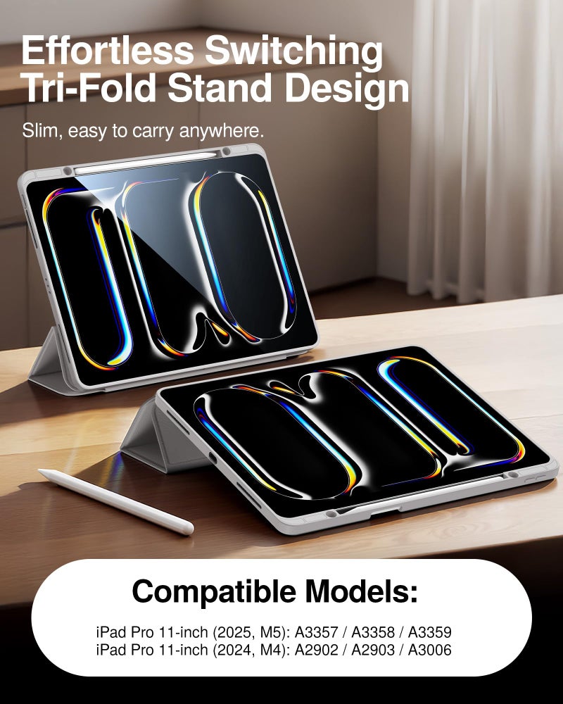 SMARTDEVIL for iPad Pro 11 inch Case (2025/2024),M4/M5 cover with pencil holder,Ultra-Slim Tri-Fold Stand Protective Cover,Anti-fall Shockproof Protection,Auto Wake/Sleepr,Touch ID Supportr,Light Gray - Image 2