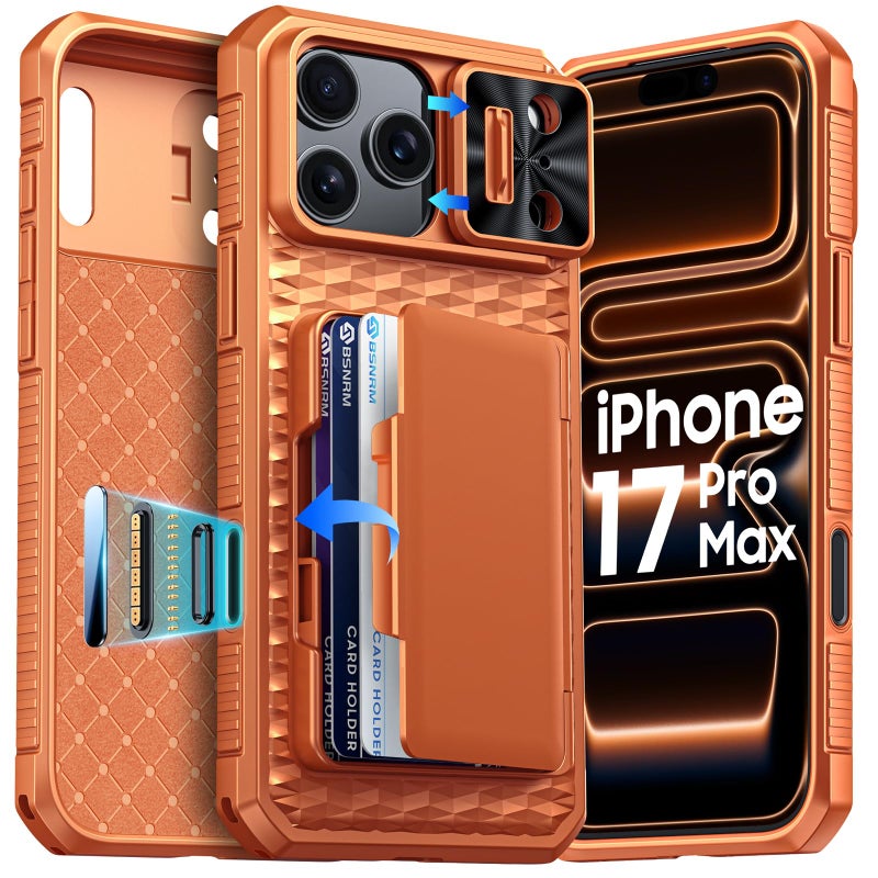 BSNRM for iPhone 17 Pro Max Case Wallet, Built-in Card Holder (4-5 Cards), RFID Blocking,Camera Control Button, Slide Camera Cover, Shockproof Rugged Phone Case for iPhone 17 Pro Max, Cosmic Orange - Image 1