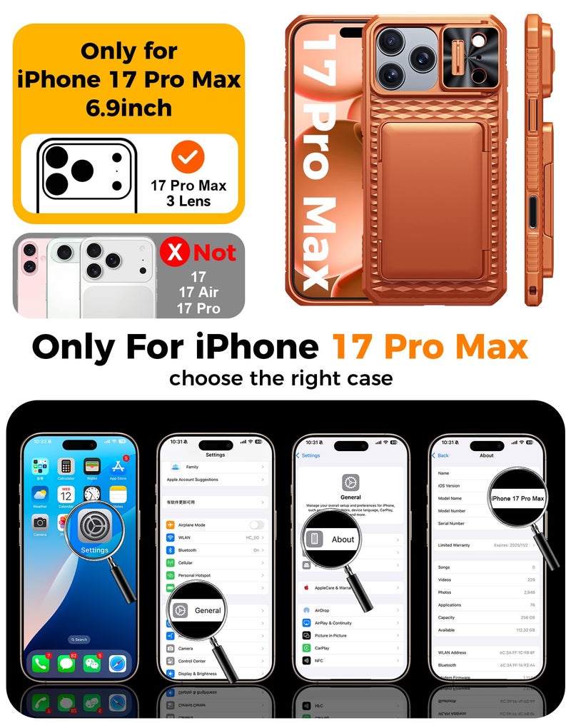 BSNRM for iPhone 17 Pro Max Case Wallet, Built-in Card Holder (4-5 Cards), RFID Blocking,Camera Control Button, Slide Camera Cover, Shockproof Rugged Phone Case for iPhone 17 Pro Max, Cosmic Orange - Image 2