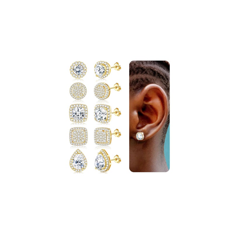 LOYALLOOK Cubic Zirconia Stud Earrings for Women Men Simulated Diamond CZ Halo Stud Earrings Round Square Iced Out Earrings 18K Gold Plated Hypoallergenic 925 Sterling Silver Post Earrings Set B - Image 1