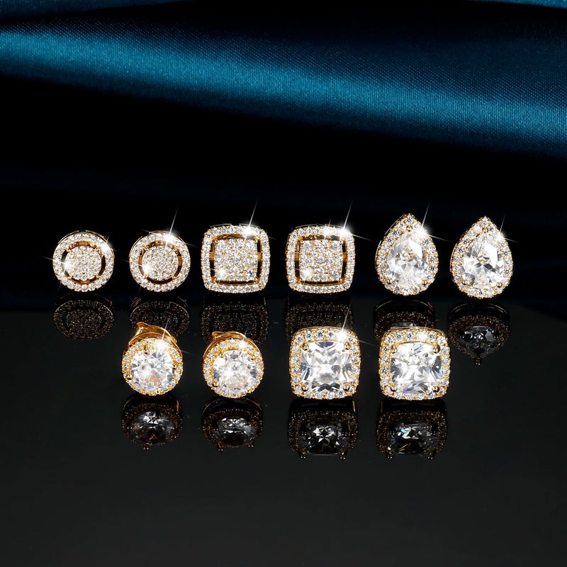 LOYALLOOK Cubic Zirconia Stud Earrings for Women Men Simulated Diamond CZ Halo Stud Earrings Round Square Iced Out Earrings 18K Gold Plated Hypoallergenic 925 Sterling Silver Post Earrings Set B - Image 5