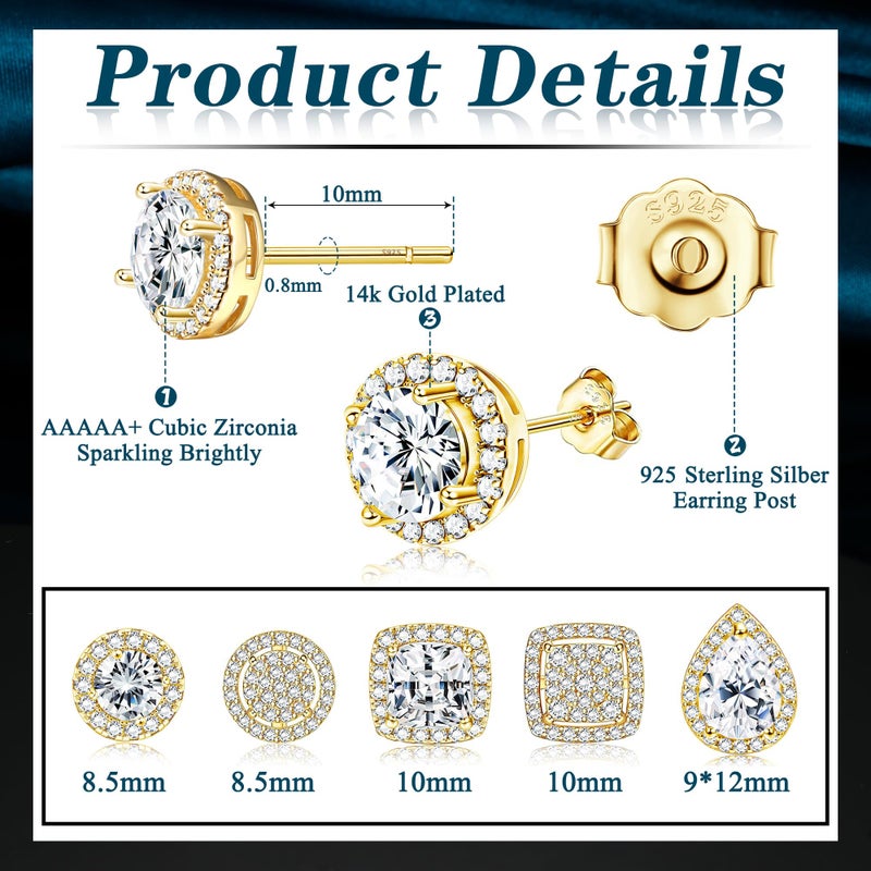 LOYALLOOK Cubic Zirconia Stud Earrings for Women Men Simulated Diamond CZ Halo Stud Earrings Round Square Iced Out Earrings 18K Gold Plated Hypoallergenic 925 Sterling Silver Post Earrings Set B - Image 3