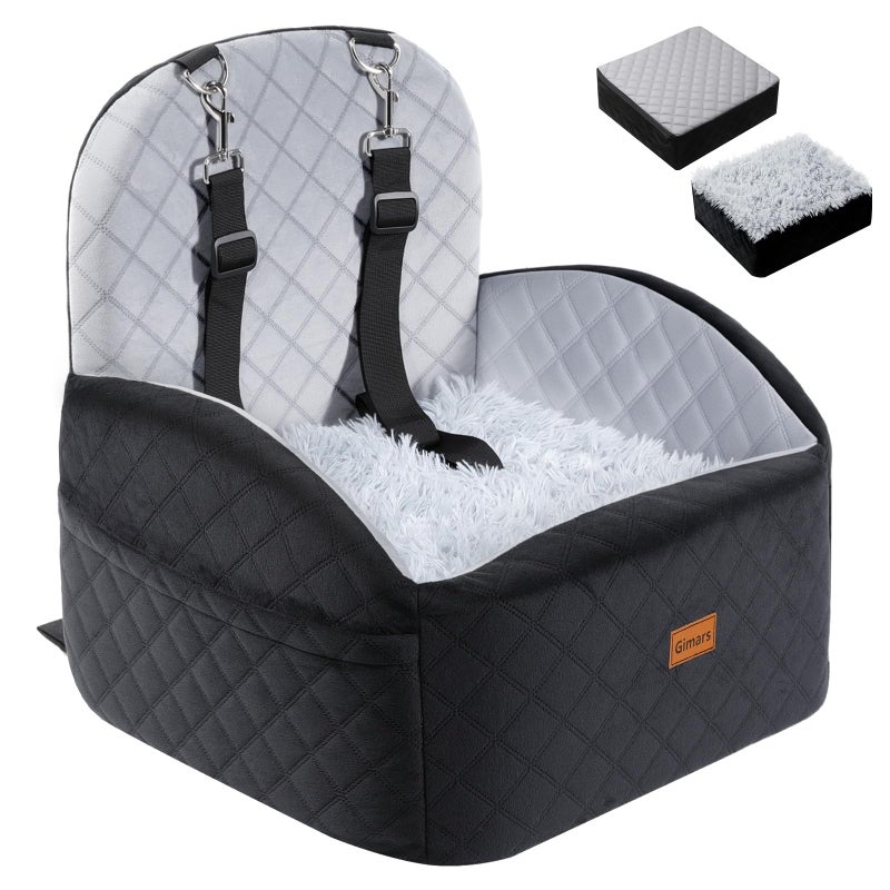 Gimars Reversible Dog Car Seat with Long & Short Plush Seat Cushion for Small/Medium Dogs Up to 40lbs, Detachable Washable Anti-Slip Dog Booster Seat with 5.9'' 28D Egg-Crate Foam, Safety Belt, Sâ€‹ - Image 1